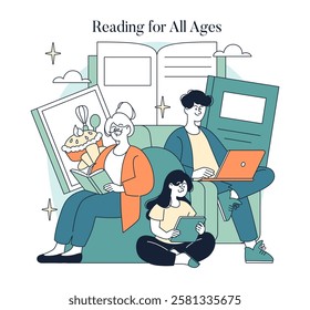 World Book Day illustration. Families engage in reading across generations, featuring an elderly woman, a man with a laptop, and a girl with a tablet. It symbolizes the joy of reading in various forms