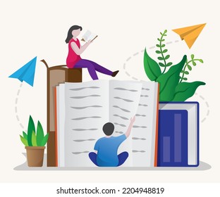 World book day illustration, flat style Stack of colorful books with open book on white background