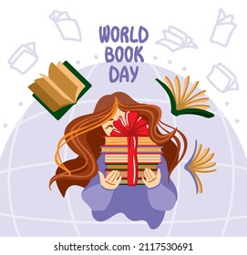 Ilustración del Día Mundial del Libro.  La niña está sosteniendo un montón de libros en sus manos. Colección de regalos de libros.
Hinchas del libro.