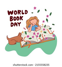 World book day illustration. Hand drawn flat concept with girl character. Graphic vector design isolated on white background.