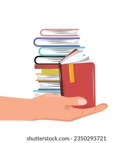World book day. Illustration with a hand holding a pile of books. Education, reading, literature concept illustration. 
