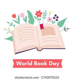 World Book Day Illustration with Open Book and Spring Flowers – Reading and Education Concept