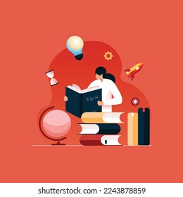 Ilustración del Día Mundial del Libro con pila de libros, Niña concentrada leyendo libros Concepto de vectores