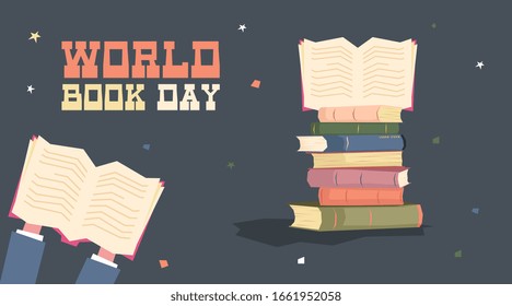 Vector de ilustración del Día Mundial del Libro. Ilustración plana del vectorial de la plantilla de banner web del día mundial del libro