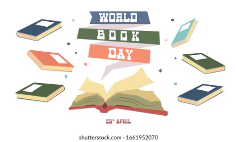 Vector de ilustración del Día Mundial del Libro. Ilustración plana del vectorial de la plantilla de banner web del día mundial del libro