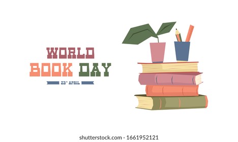 Vector de ilustración del Día Mundial del Libro. Ilustración plana del vectorial de la plantilla de banner web del día mundial del libro