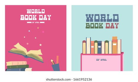 Vector de ilustración del Día Mundial del Libro. Ilustración plana del vectorial de la plantilla de banner web del día mundial del libro