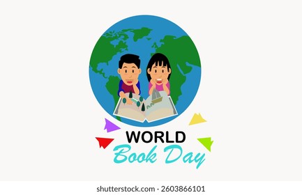 World Book Day Illustration Vector Background. Book festival and fair concept. Little girl reading in the open huge book, opened as a home. Fantasy, adventures and Imagination concept design.