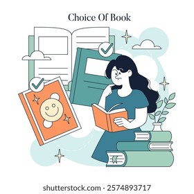 World Book Day illustration. A young woman contemplates her choice of books, surrounded by open books and selected titles. The delightful expressions reflect excitement and the value of reading