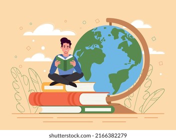 World book day. International holidays, love of literature. Useful hobby, guy reads in lotus position. Self development and education, distance training concept. Cartoon flat vector illustration