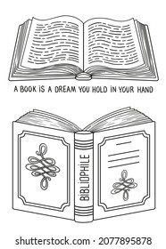 World Book Day. Isolated Opened books. Detailed doodle coloring for adults