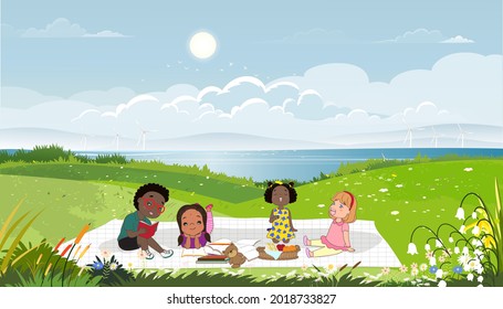 World book day with kids sitting reading book having picnic and playing in grass fields,Vector cute cartoon Schoolchildren relaxing outdoors on spring in Book week,Education concept