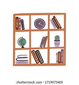 World book day. Library Interior.
Shelf with books, folders, clock, cactus on it. Flat vector illustration on a white background.