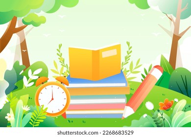World book day, little kid reading with a book in his hands, forest and plants in the background, vector illustration