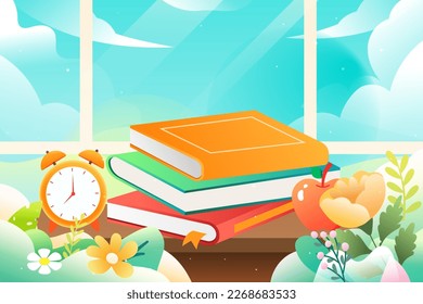 World book day, little kid reading with a book in his hands, forest and plants in the background, vector illustration