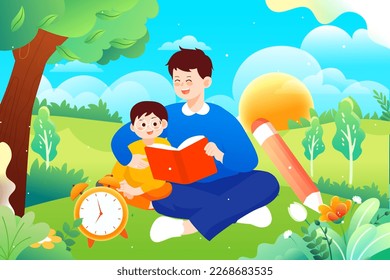 World book day, little kid reading with a book in his hands, forest and plants in the background, vector illustration
