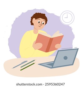 World Book Day. Man, boy sitting at table, desk, laptop, clock on wall. Global education concept, study abroad, international schools. University education. Vector