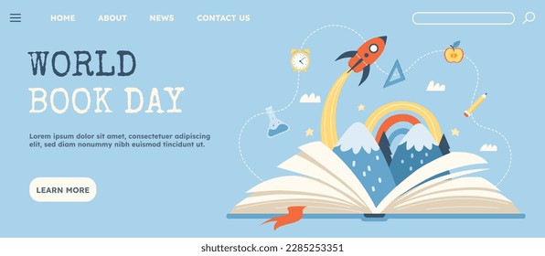 World book day. Mountains and rocket on pages of open book, textbook and fiction. Education and training. Love for literature and useful hobby. Holiday and festival. Cartoon flat vector illustration