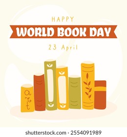 World Book Day on April 23 card with cute row of books. Vector illustration in hand drawn flat cartoon style. Perfect for social media cover, square greeting card, banner, poster, flyer and so on