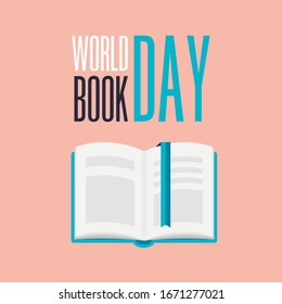 World book day. Open book in a blue cover with bookmark isolated on pink background. Vector illustration.