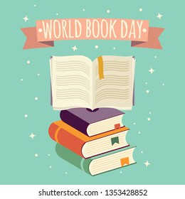 World book day, open book with festive banner and stack of books, vector illustration