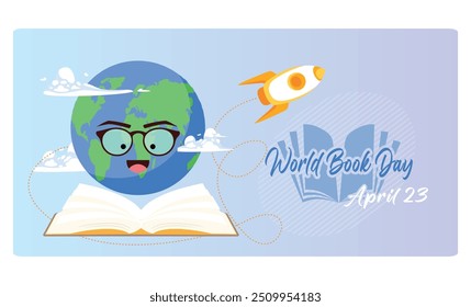 Día Mundial del Libro. Libro abierto con un globo en la parte superior y un cohete volador. Concepto del Día Mundial del Libro. Ilustración vectorial plana.