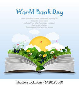 World book day with Open book and green grass