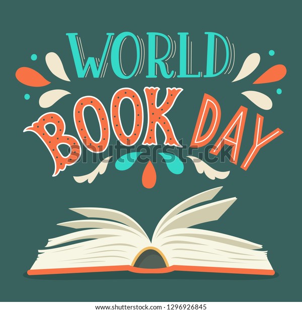 World Book\
Day. Open book with hand drawn\
lettering.