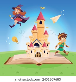 world book day open read book fantasy children castle idea imagination happy cartoon background design