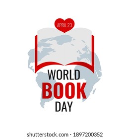 World Book Day. Open book with red cover and heart on Earth globe background on white. Vector illustration.