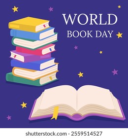 World Book Day. Open book and stack of books.Vector Illustration