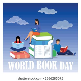 World Book Day with people enjoying reading surrounded by books. Dynamic scenes that promote reading and literature. Flat vector modern illustration 