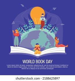 World Book Day with People Reading Book, Light Bulb, World Map, Plane, Plants Flat Vector