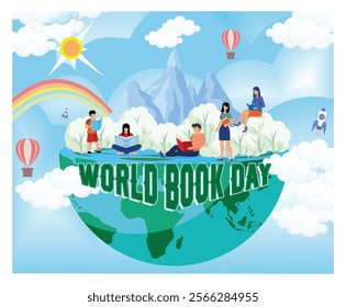 World Book Day with people reading books outdoors, symbolizing global unity, education, and joy through literature. Flat vector modern illustration 