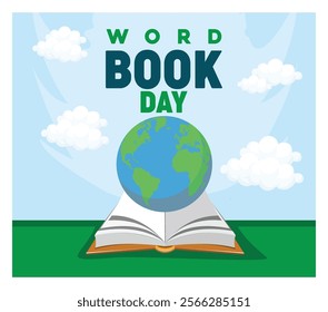 World Book Day portraying a globe within a book, symbolizing global reading and learning. Flat vector modern illustration 