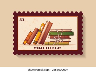 Briefmarke zum Weltbuchtag mit Illustration des Stapels von Büchern. Vektorgrafik perfekt für die Gestaltung von Umschlägen Dekoration. Buchliebhaber, Buchladen, Bibliothek, Lesekonzept.