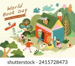 World book day poster with adorable people wandering around house made of book in the forest.