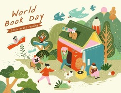World Book Day Poster With Adorable People Wandering Around House Made Of Book In The Forest.
