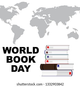 World Book Day poster with black word lettering, world map grey, a color stack of book on white background. 
design vector illustration  eps.10 for banner