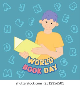 Cartel del día mundial del libro Niño leyendo Vector