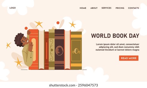 World book day poster. Boy near stack of books. Education, training and learning. Love for reading and literature. Landing page design. Flat vector illustration