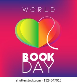 World Book Day poster with with heart-shape open book on the magenta background
