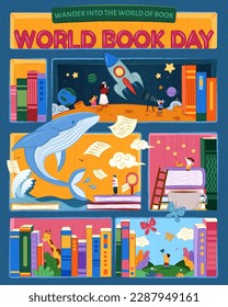 World book day poster. Illustrated bookshelf with cubes represent different worlds of stories and knowledge. Including world of outer space, ocean, wild life, and imagination.