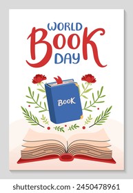 World Book day poster. Open book with floral pattern. Festive Invitation background for readers. Hand drawn lettering. Vertical Backdrop postcard, poster, template. Vector flat illustration