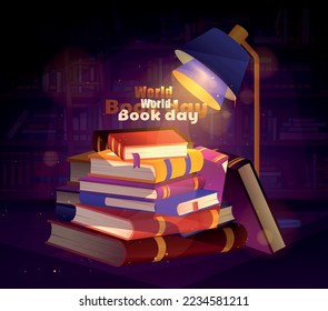 World book day. Poster with stack of books on table illuminated by lamp. Bookstore or library with literature for reading. Design for postcard or advertisement. Cartoon realistic vector illustration