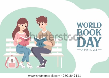 World book day poster with two people reading on a park bench.