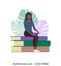 World book day poster. Young afroamerican woman reading a book, icon vector, book lover flat cartoon illustration, library logo.