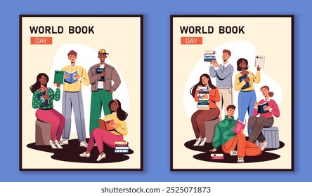 World book day posters set. Love for literature and reading. International holiday and festival 23 April. Education and learning, training. Flat vector collection isolated on blue background