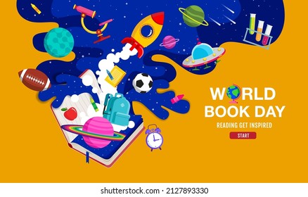 World book day, reading Imagination
, back to school, template banner, concept vector illustration