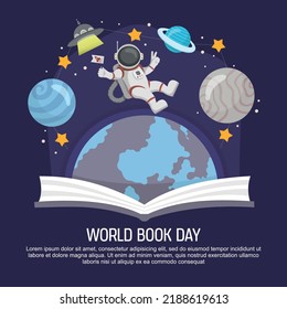 Día Mundial del Libro con Ciencia, Espacio, OVNI, Astronauta Volador, Planetas y Vector Plano Estrellas